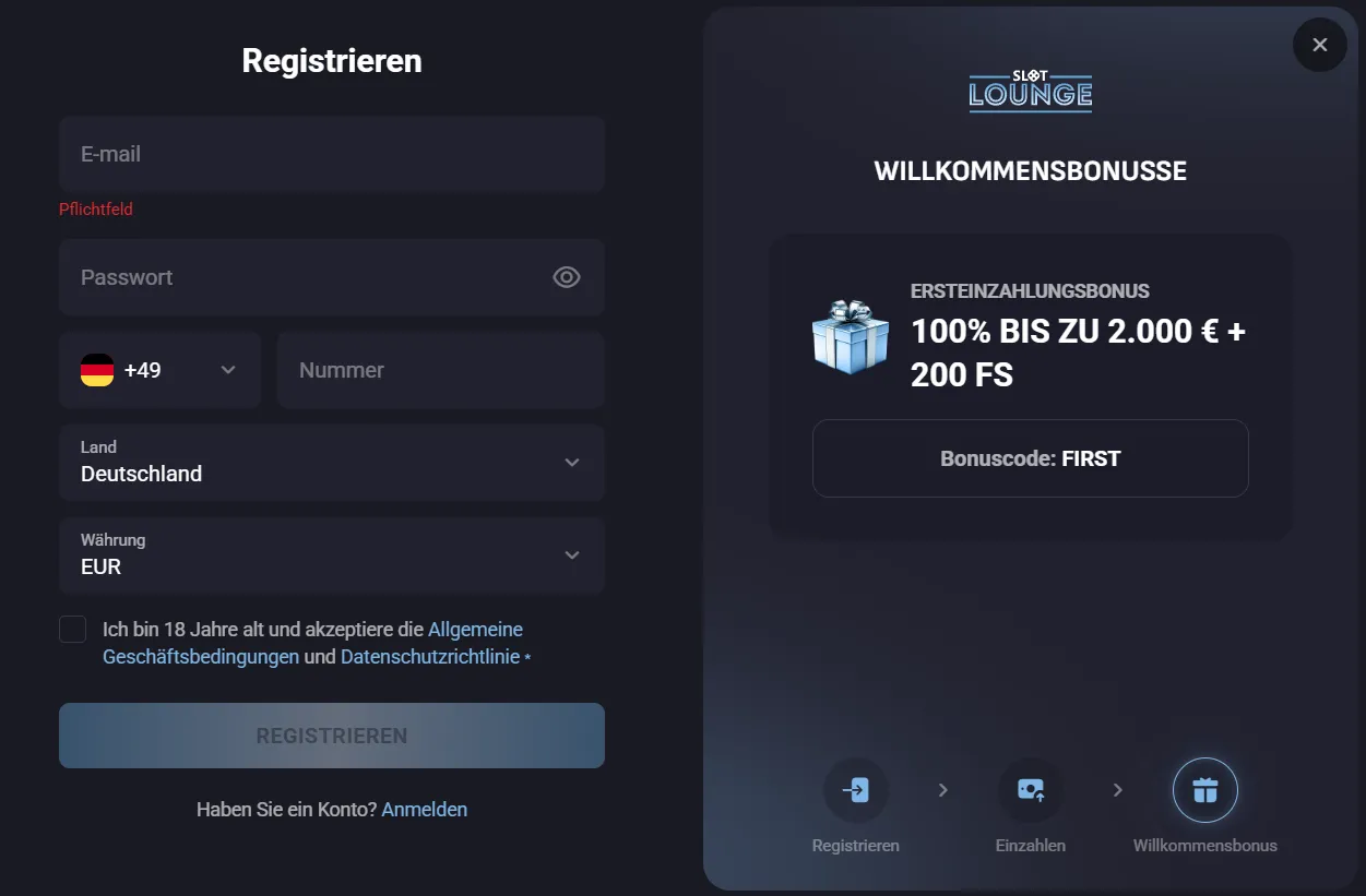 Slotlounge Casino Registrierung und Konto erstellen